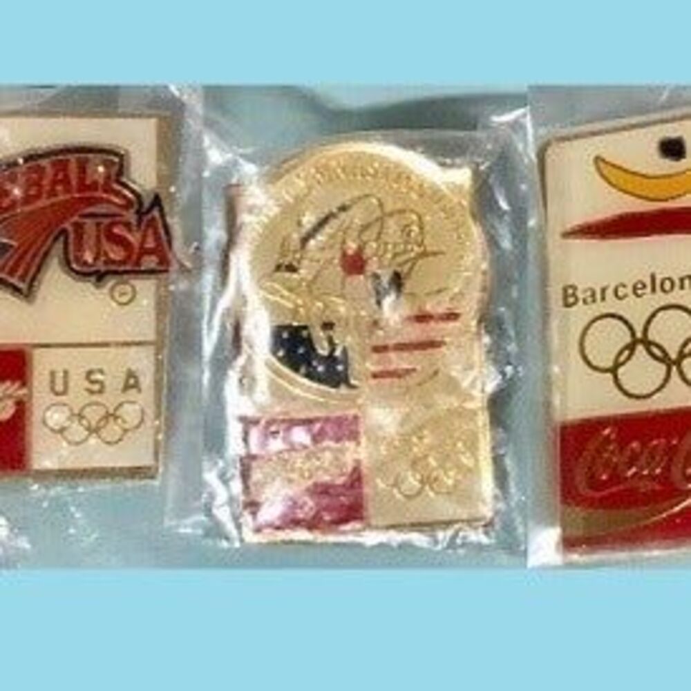 (3) 1992 USA Olympic Pins,Coca Cola Sponsor Baseball,Gymnastics & Barcelona Logo